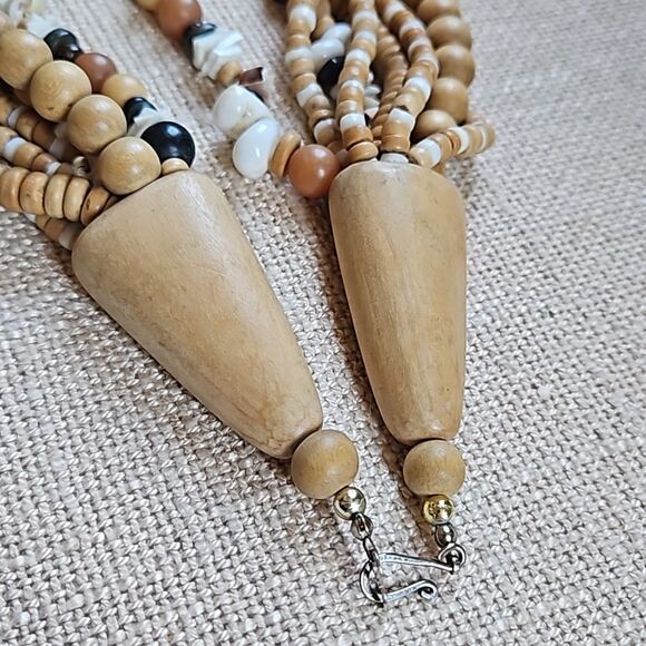 22" Boho Natural Wood Bead and Shell Multistrand Necklace - Picture 7 of 8